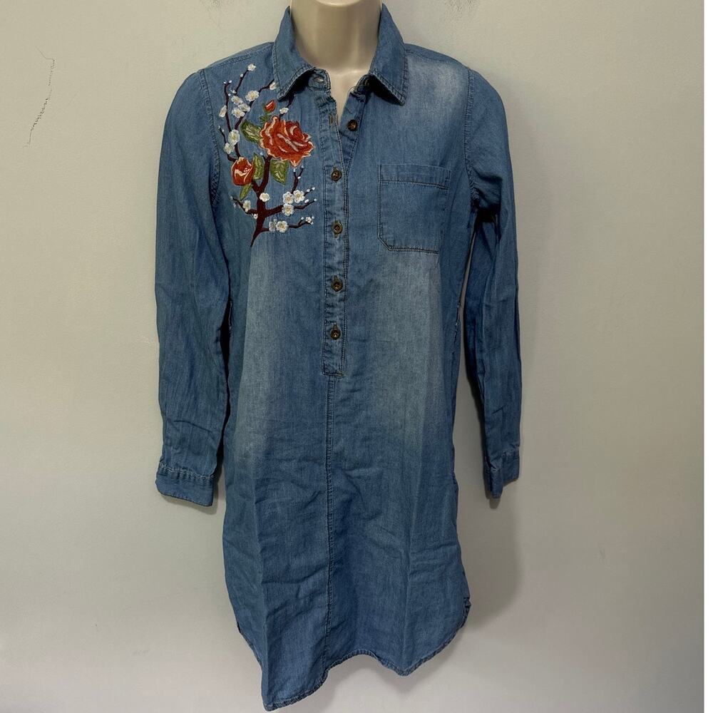 J for Justify Dress Womens Small Blue Chambray Embroidered Retro Western Boho